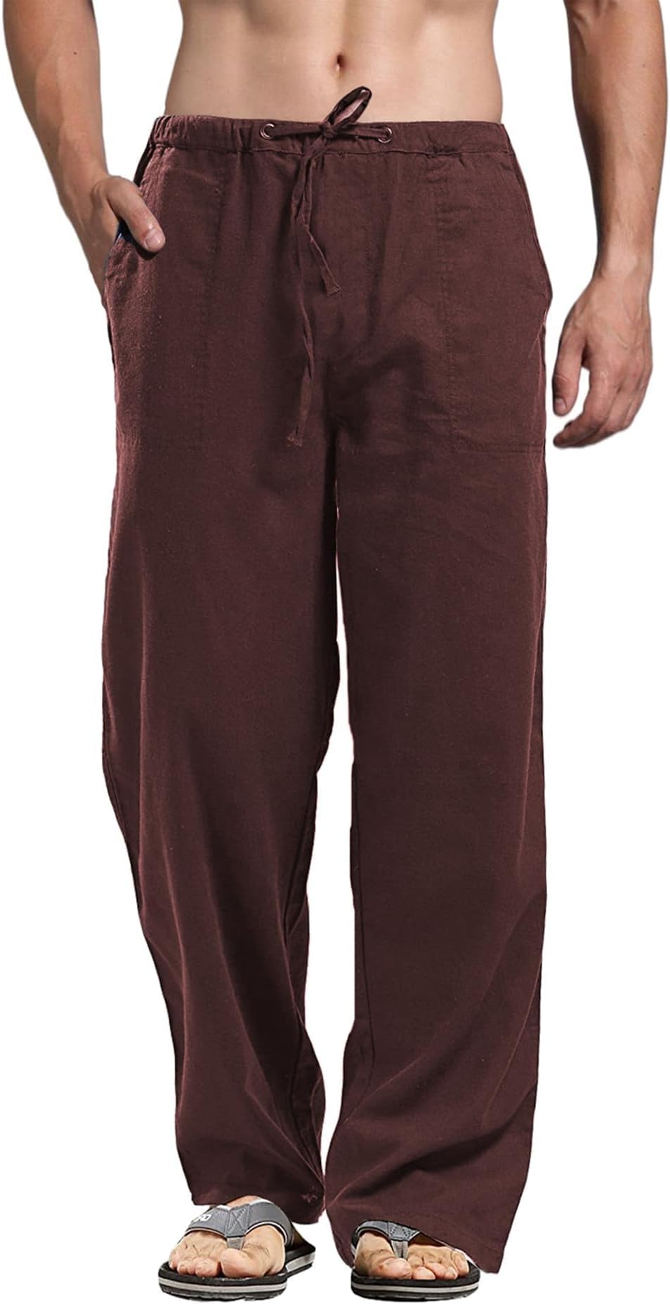perdontooMen's Solid Colors Linen Pants Relaxed Fit Casual Yoga Pants Straight Legs Trousers
