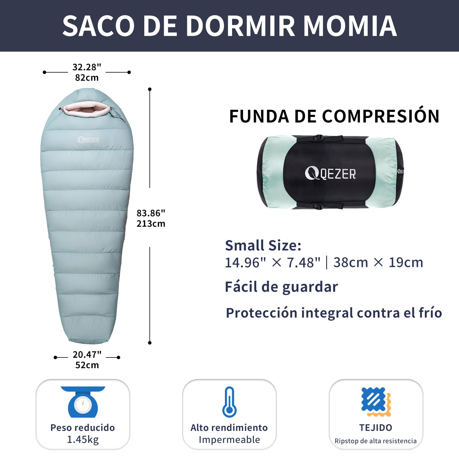Saco de Dormir de Plumas, Saco de Dormir de Invierno con Forro de grafeno antiestático, Fill Power 620, 1450 Gramos, -24°C a 0°C, Adecuado para Camping, Senderismo y Trekking.