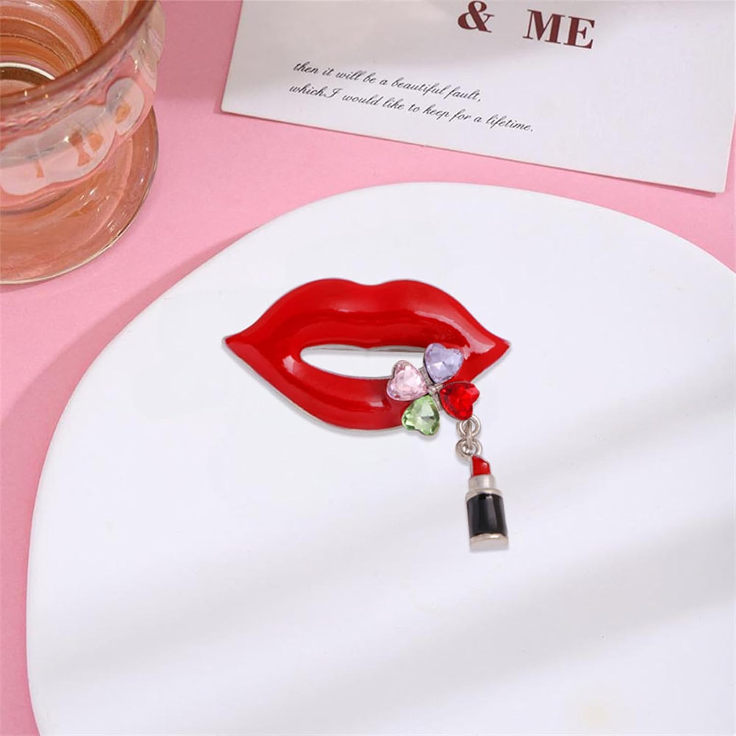 Dreuyet Sexy Red Lips Brooch Pin for Women Crystal Rhinestone Quiet Gestures Brooches Elegant Kiss Mouth Lapel Pins Clothes Dress Accessories Jewelry Lover Gift - Image 2