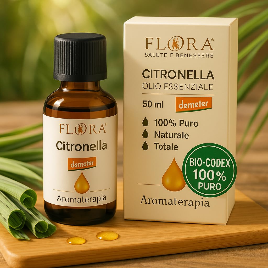 FLORA CITRONELLA BIO 50 ml olio essenziale ITCDX' – 100 % Puro da Cymbopogon, Profumo Fresco Anti‑Zanzare, Chemotipo Citronellal & Geraniolo, Maxi Formato per Diffusore, Spray DIY, Uso Alimentare