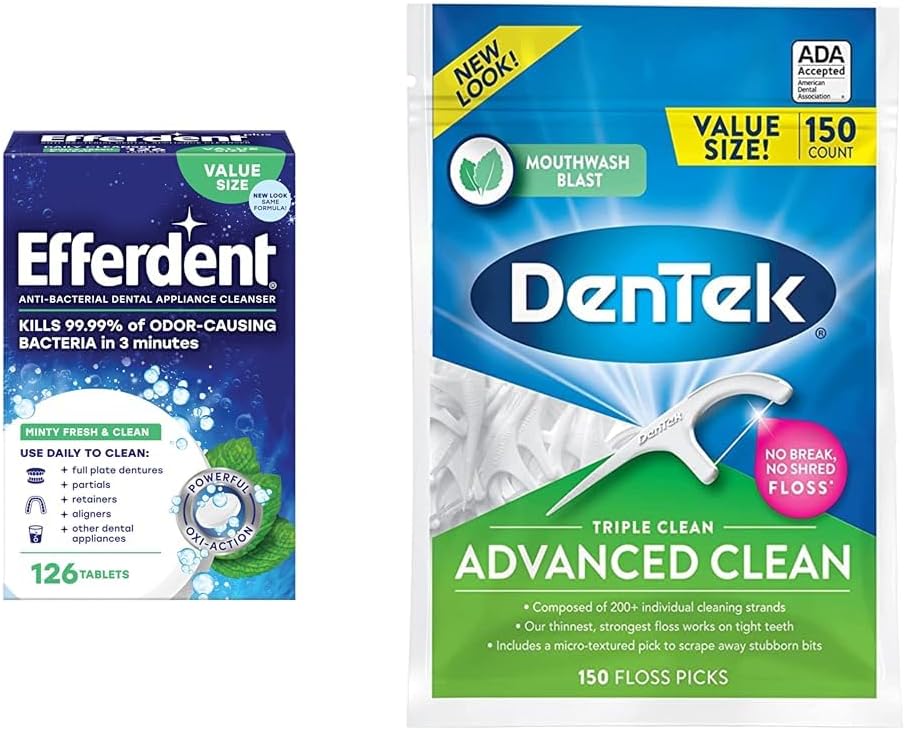Efferdent Retainer Cleaning Tablets, Denture Cleaning Tablets for Dental Appliances & DenTek Triple Clean Advanced Clean Floss Picks, No Break & No Shred Floss, 150 Count