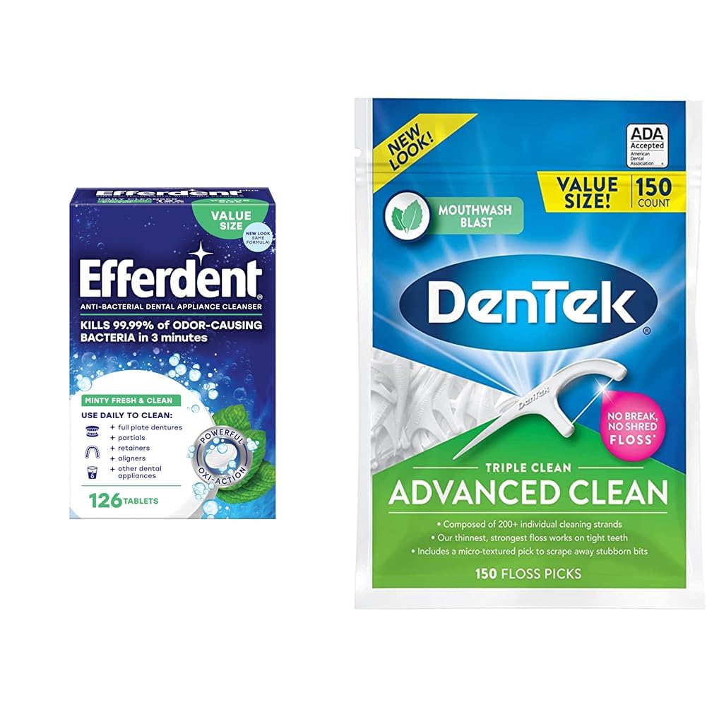 Efferdent Retainer Cleaning Tablets, Denture Cleaning Tablets for Dental Appliances & DenTek Triple Clean Advanced Clean Floss Picks, No Break & No Shred Floss, 150 Count