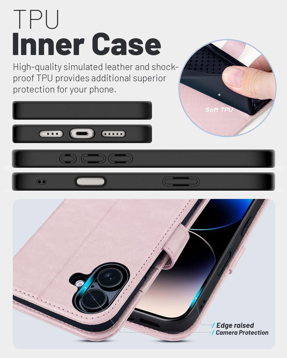 OCASE Compatible with iPhone 16 Wallet Case, PU Leather Flip Folio Case with Card Holders RFID Blocking Kickstand [Shockproof TPU Inner Shell] Phone Cover 6.1 Inch 2024, Light Pink