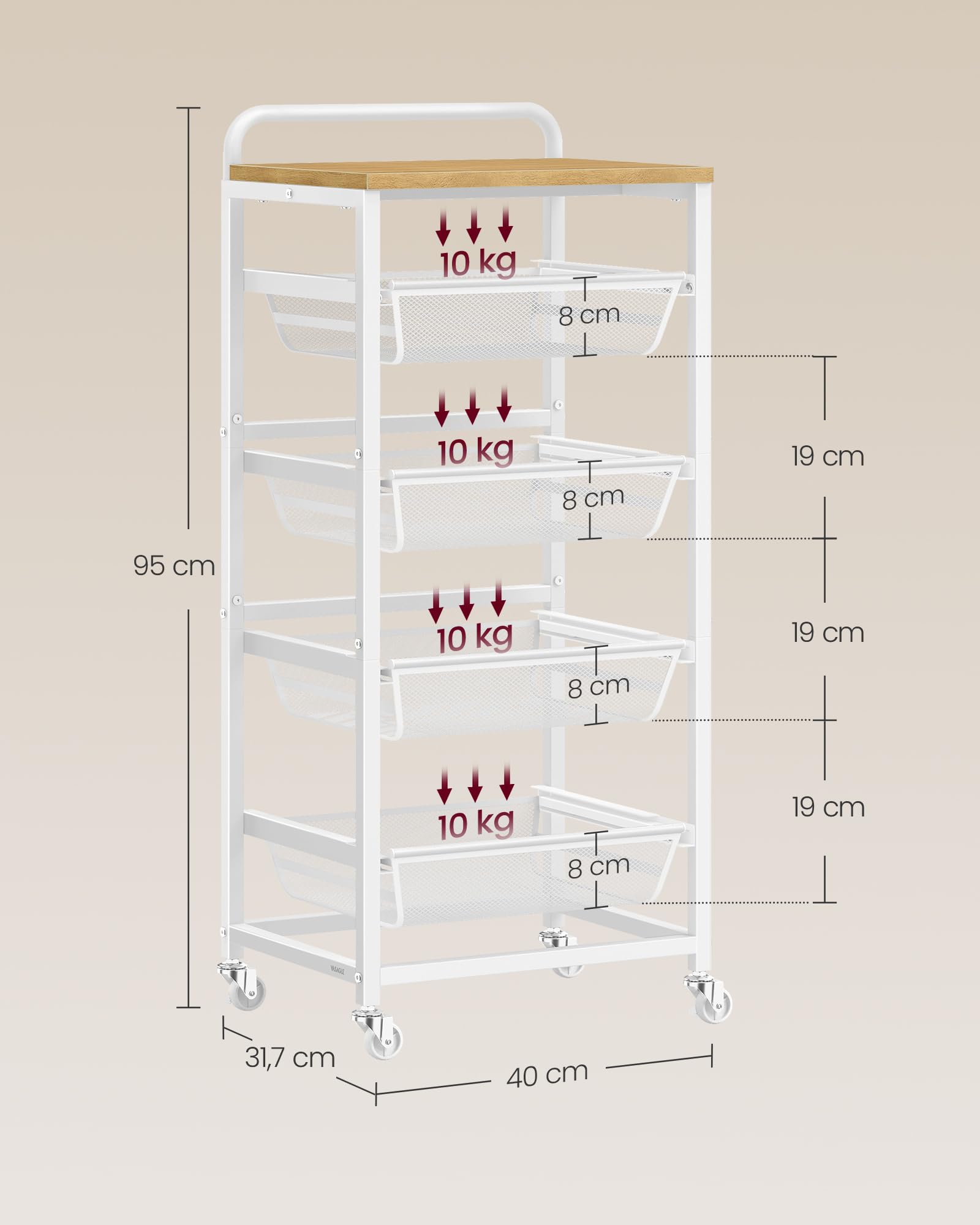 VASAGLE Carrito de Almacenaje de 5 Niveles, con Cestas Extraíbles, Estante de Cocina con Ruedas y Asa, 31,7 x 40 x 95 cm, Roble Dorado y Blanco Mate LRC041YA01