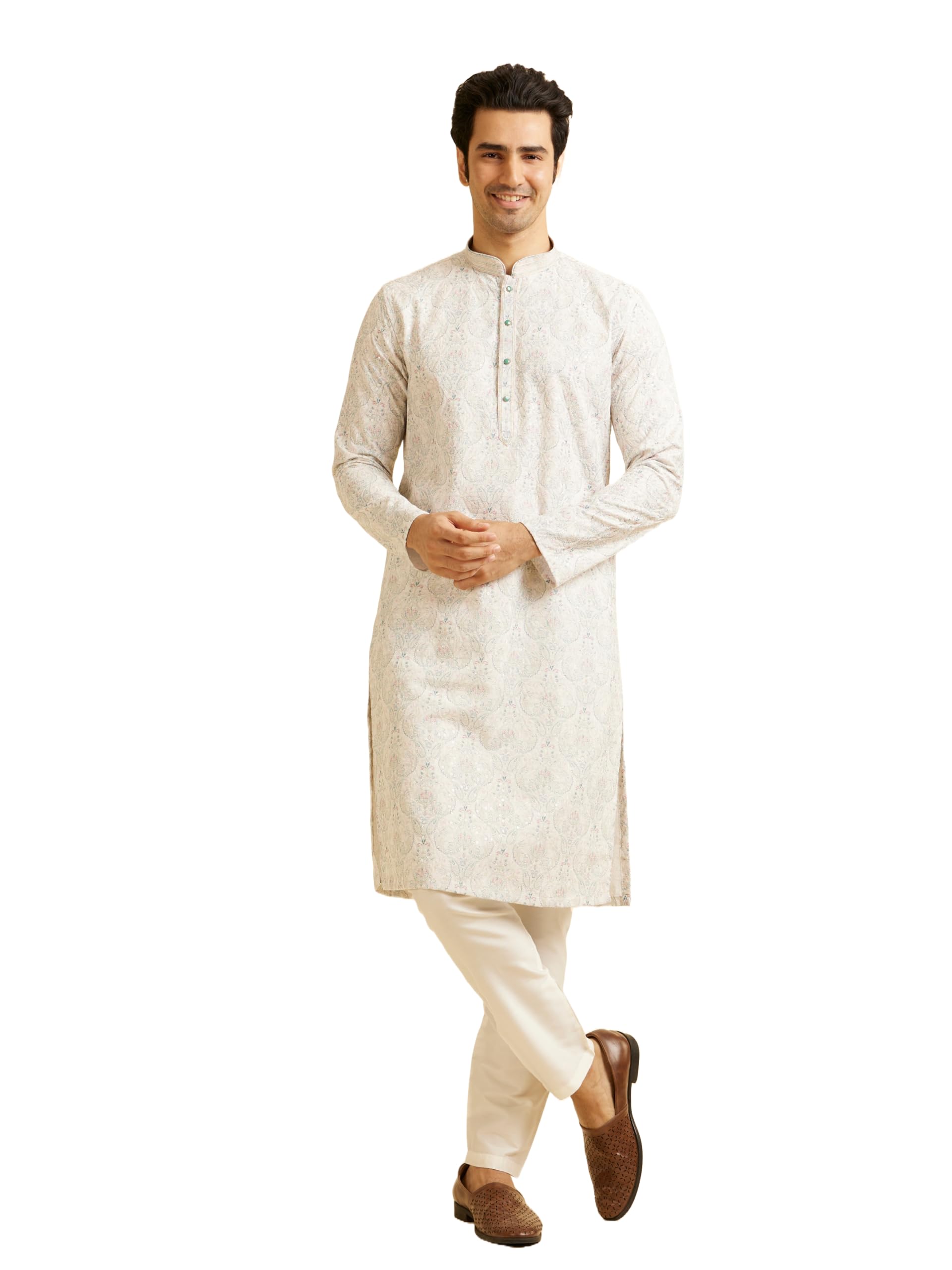manyavar Men's Cotton Blend Floral Print & Chikankari Kurta Set (2pcs)-picture-27