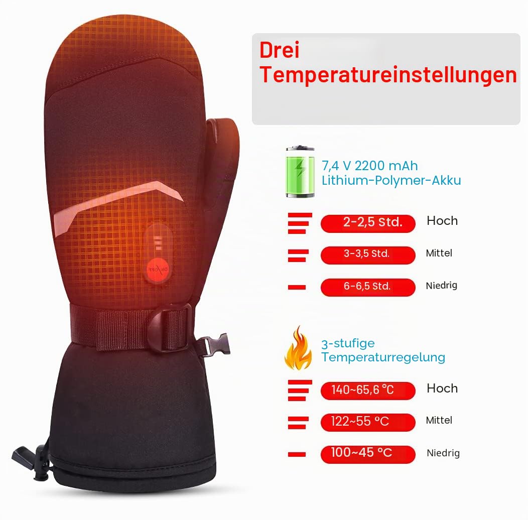 Beheizbare Ski-Fäustlinge – 7,4 V 2200 mAh Akku, 3 Heizstufen (40/50/60 °C), volle Finger-Heizfläche, wasserabweisend & Winddicht, Touchscreen, Verstellbarer Handgelenkriemen, Unisex Damen/Herren