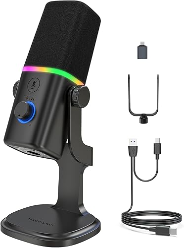 Micrófono dinámico XLRUSB para podcast de juegos, micrófono para iPhone, teléfono, computadora, computadora, micrófono de transmisión con luz RGB,