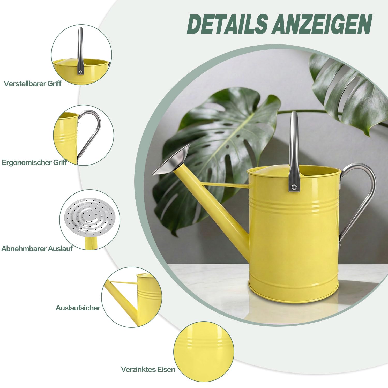 6,5L Metall-Gießkanne für Außen- & Zimmerpflanzen, verzinkte Stahl-Gießkanne mit abnehmbarem Ausguss, beweglichem Tragegriff, rostbeständigem Gießtopf für Garten, Rasen und Blumen