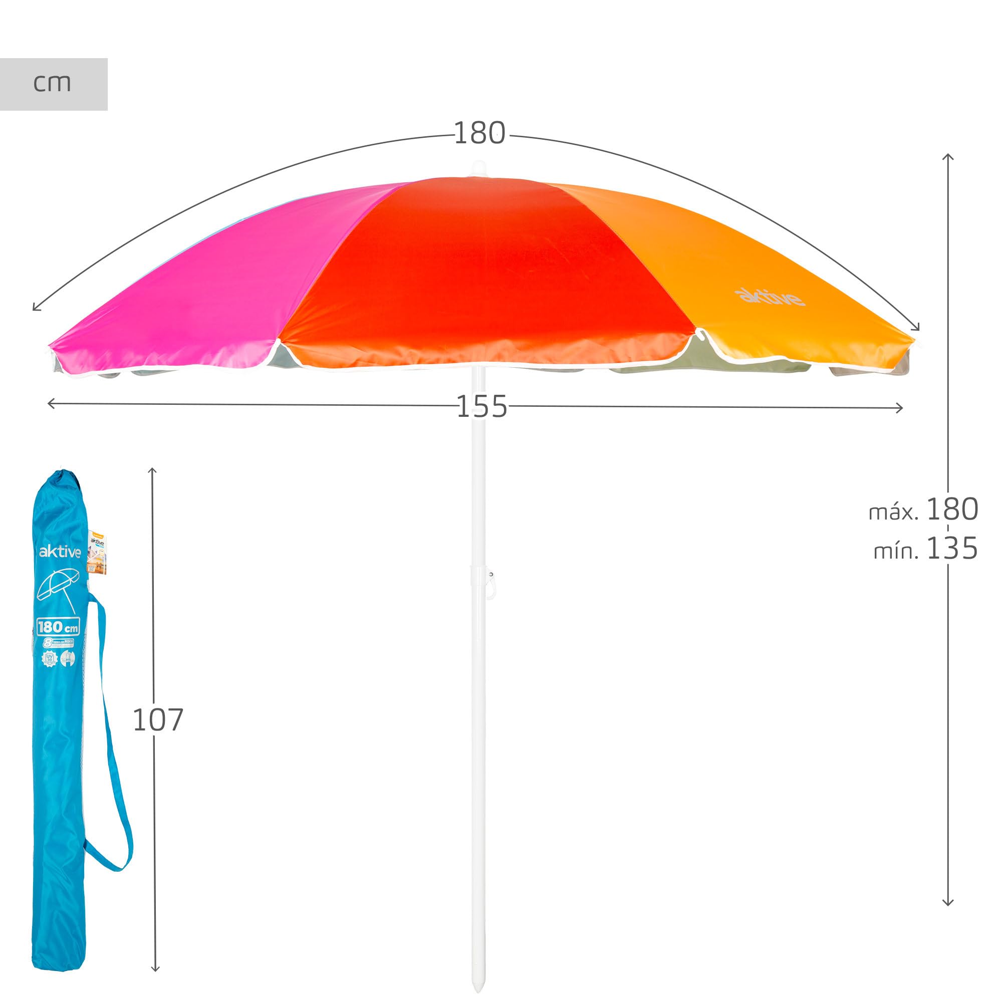 Strandschirm, Ø180 cm, mit UV-Schutzfilter 50, Stock Ø22-25 mm, inkl. Tragetasche, Faltbarer Strandschirm, mehrfarbig bedruckt, Aktive Beach,