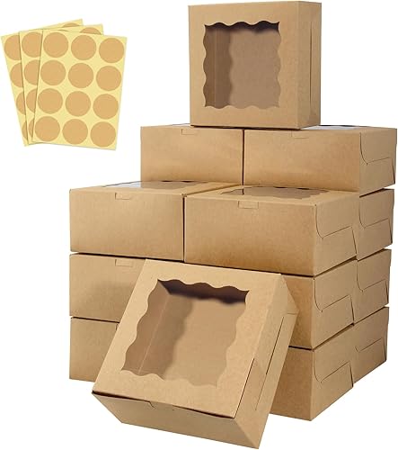 60 cajas de panadería con ventana, 6 x 6 x 3 pulgadas, cajas de galletas Kraft para pastelería (marrón)
