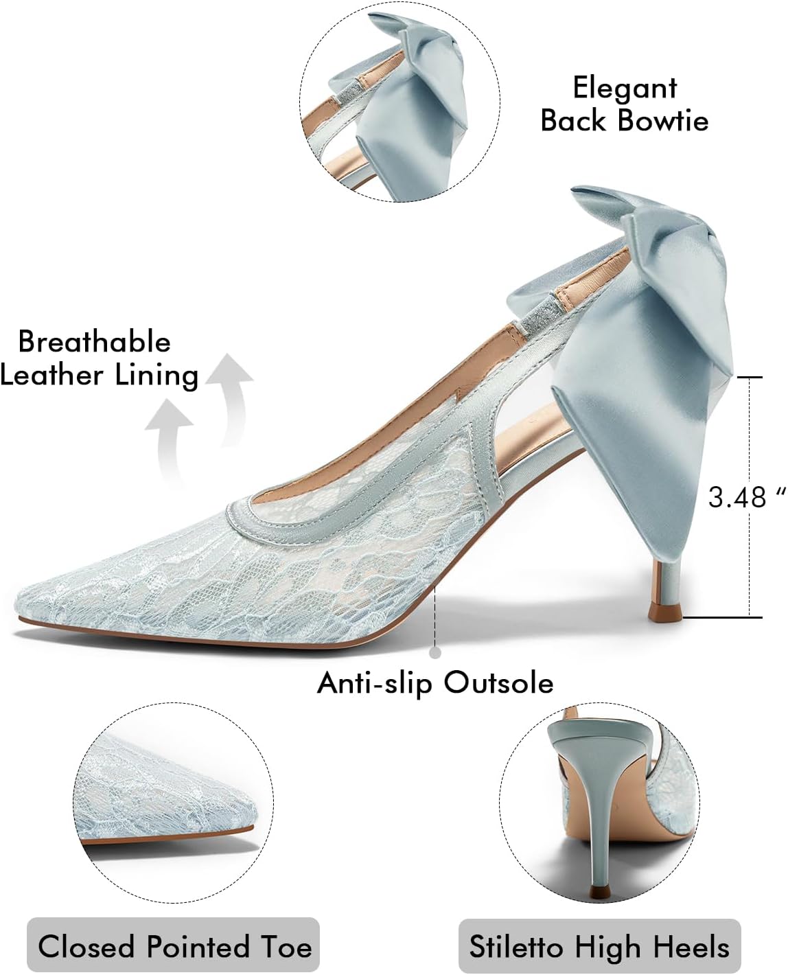 Coutgo Womens Slingback High Heels Bow Closed Pointed Toe Lace Patchwork Party Dress Shoes - Image 4