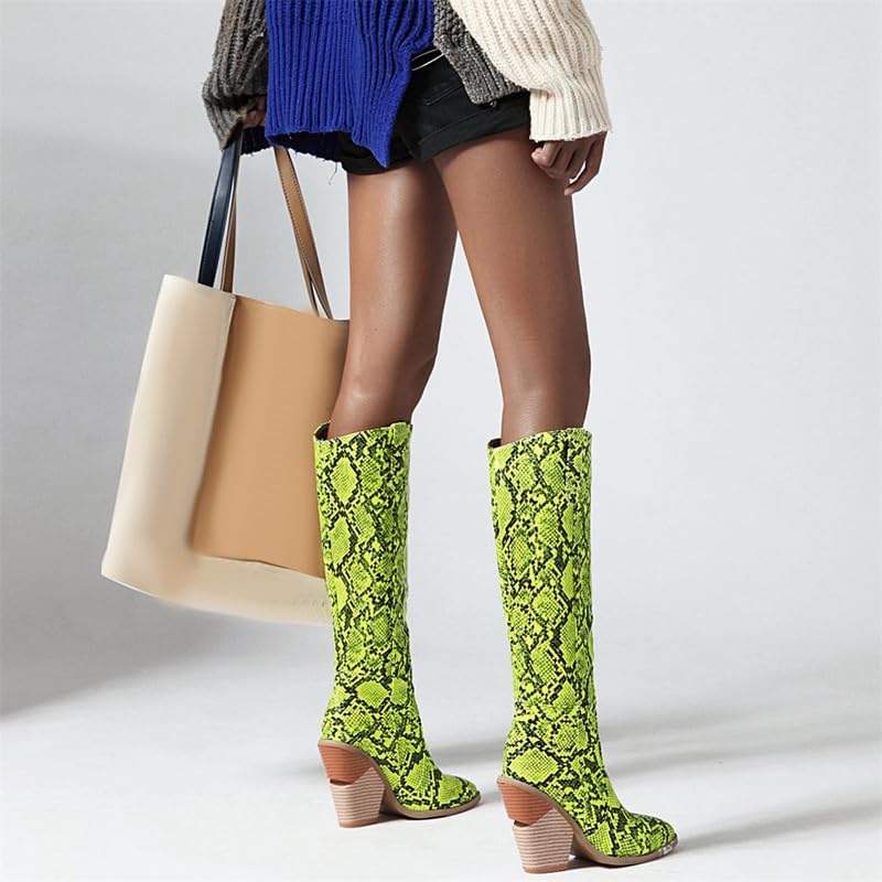 SEIFIN Neon Green Snakeskin Cowboy Boots Knee High Stacked Heel Pointed Toe Cowgirl Boots