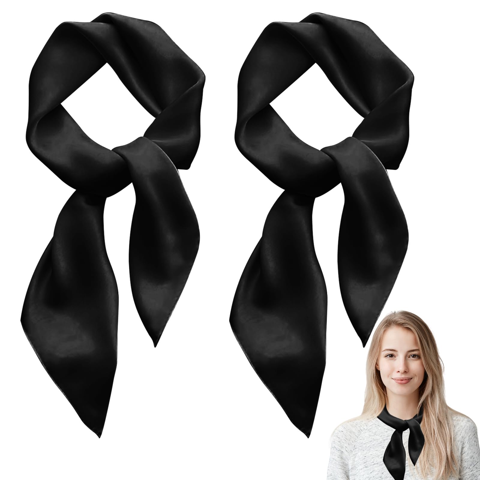 SAIIURV 2 Pieces 35" Large Square Satin Head Scarf, Satin Silk Shiny Head Neck Scarf Wrap, Head Scarves for Hair Wrapping and Sleeping at Night, Headband Bandana Hair Wraps (Black)