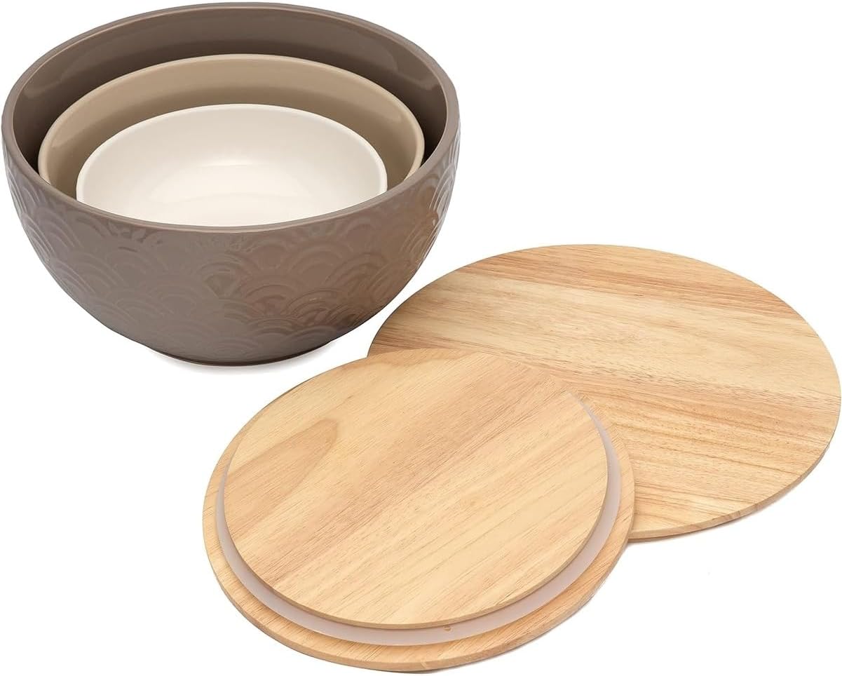 Set of 3 Ceramic Salad/Mixing Bowls with 2 Sealing Wood Lids Multi Color Includes Lid