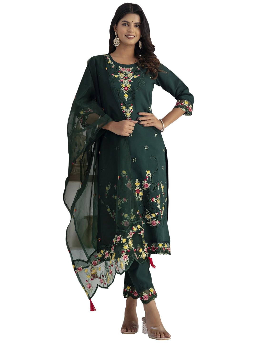 VredeVogel Women's Silk Blend Embroidery Kurta Pant Set with Inner & Organza Dupatta | Kurta Set for Women Occasions