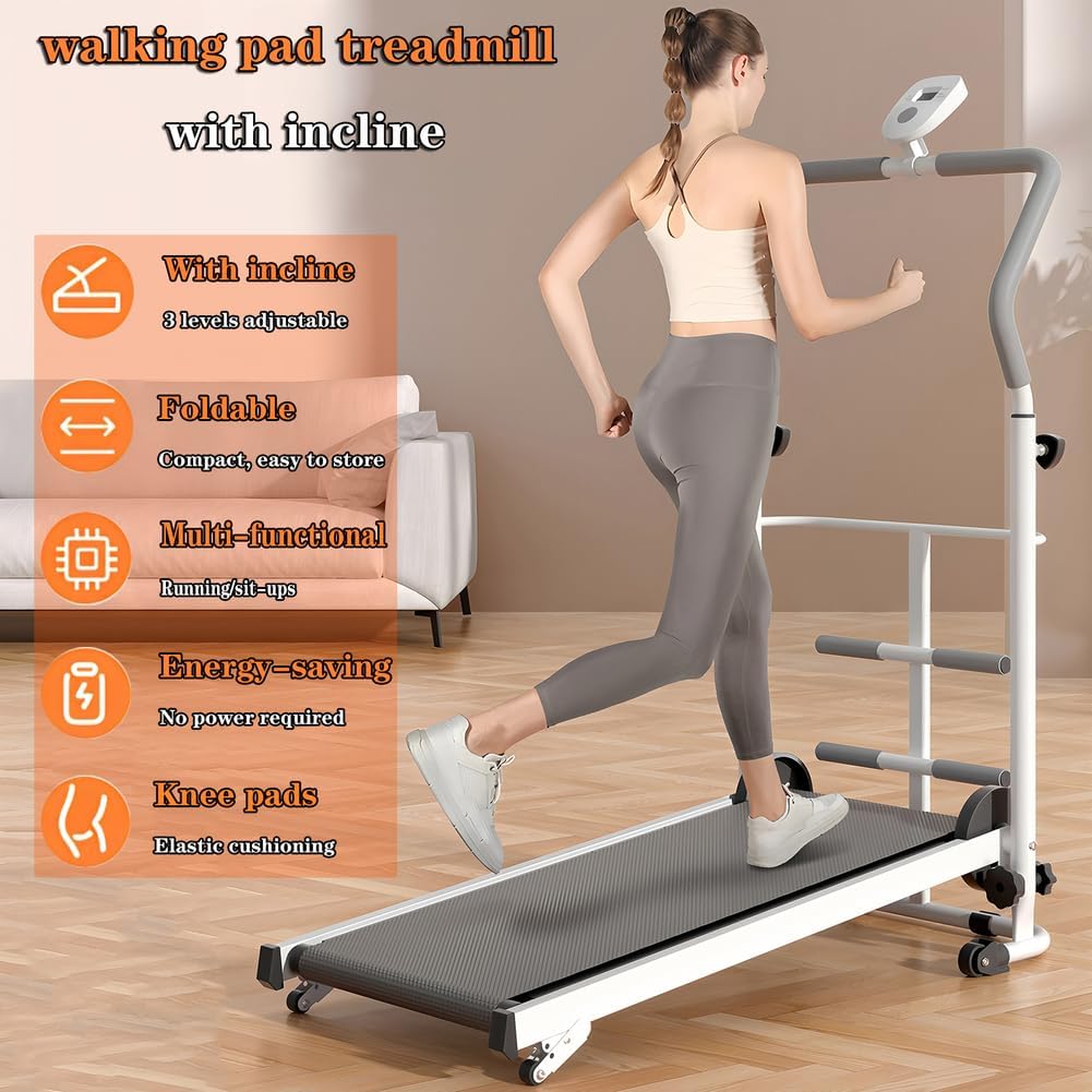 Compact Manual Treadmill with Incline & Handle Bar - Portable Folding Walking Pad for Home, Ideal for Small Spaces, Non-Electric for Kids, Adults & Seniors