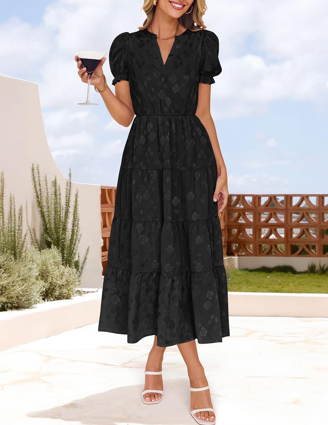 ZESICA Womens 2026 Summer Puff Short Sleeve Midi Dress Floral V Neck Textured Ruffle Flowy Beach Party Dresses - Image 3