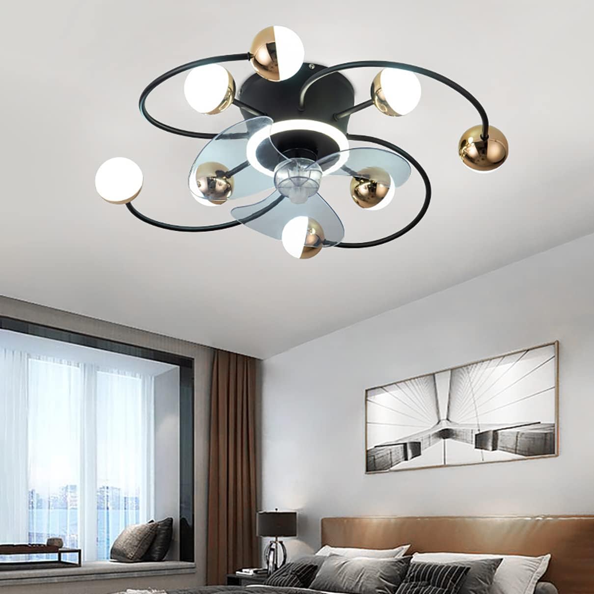 YUEGOO Ceiling Fans with Lamps,Reversible Fan with Ceiling Light 3 Colors Dimmable Silent Remote Control Bedroom Fan Ceiling Lights Indoor Dining Room Ceiling Fan Light/Black
