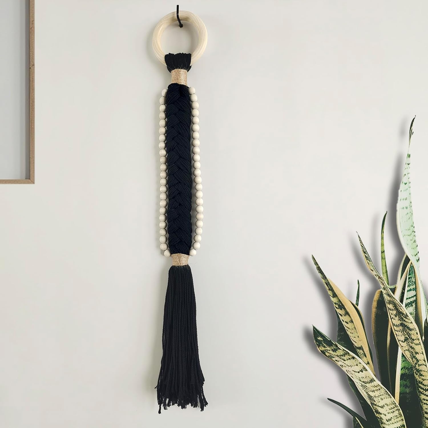 YarnieJiajia Black Boho Macrame Wall Hanging with Wood Bead Tassels - Rustic Farmhouse Decor for Living Room Bedroom Entryway