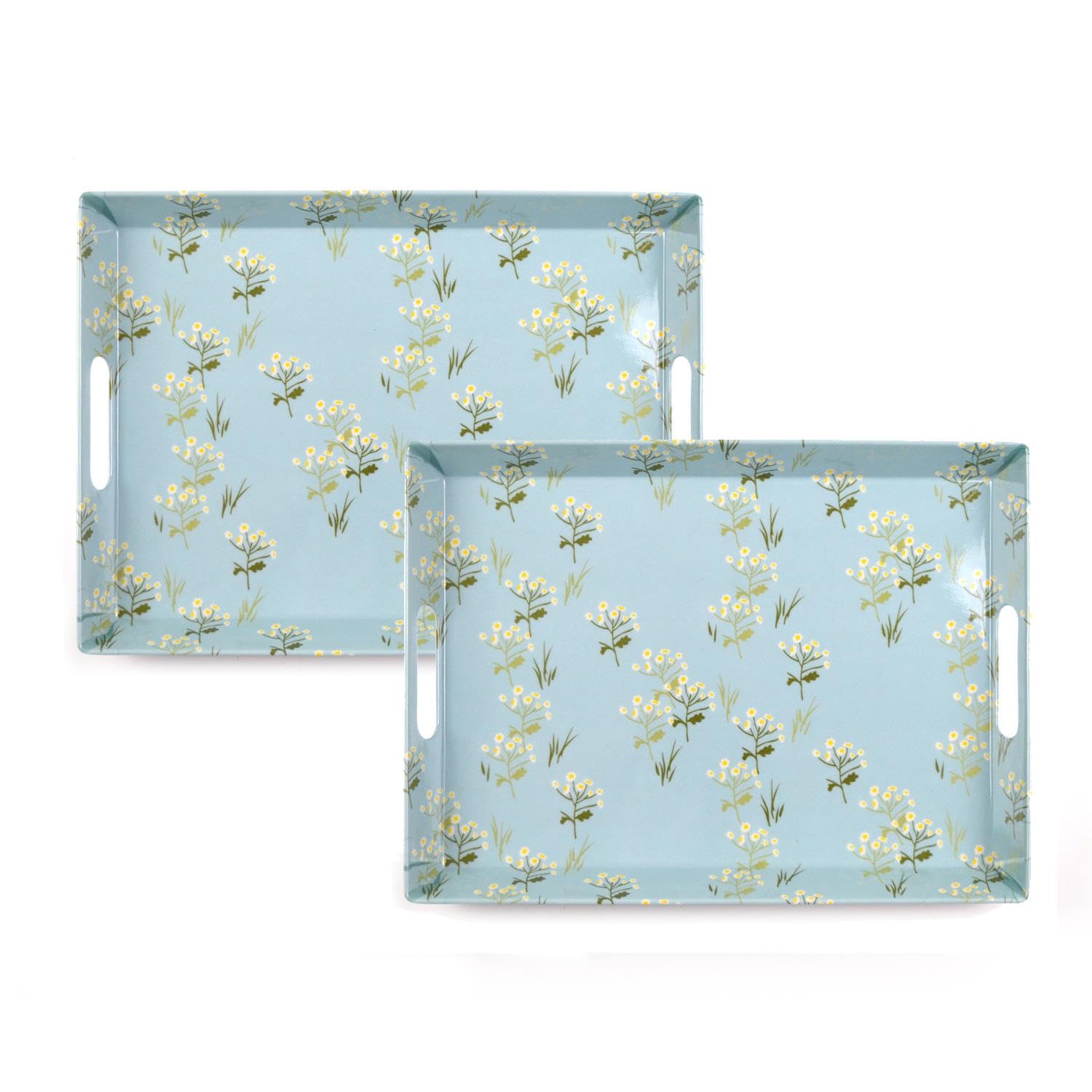 YöL Set of 2 Blue Blossom Serving Tray Floral Daisy Design - Drinks Food Snacks Carrier With Handles - Plastic Melamine - Breakfast Lunch Dinner Summer Dining