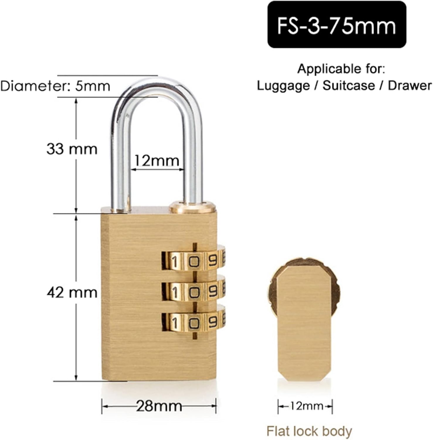 Solid Brass Copper Security Padlock Password Combination Code Lock for Gym Digital Locker Suitcase Drawer Lock Hardware 1Pcs(FS-3-75)