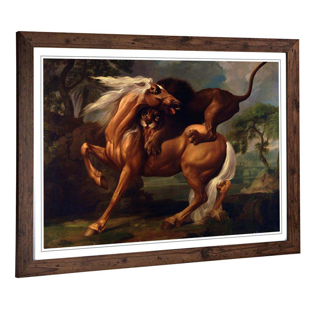 Big Box Art Framed Print of George Stubbs Lion Attacking a Horse Design | Wall Art Picture | Home Decor for Kitchen, Living Room, Bedroom, Hallway, Walnut, A2 / 24.5x18 Inch / 62x45cm