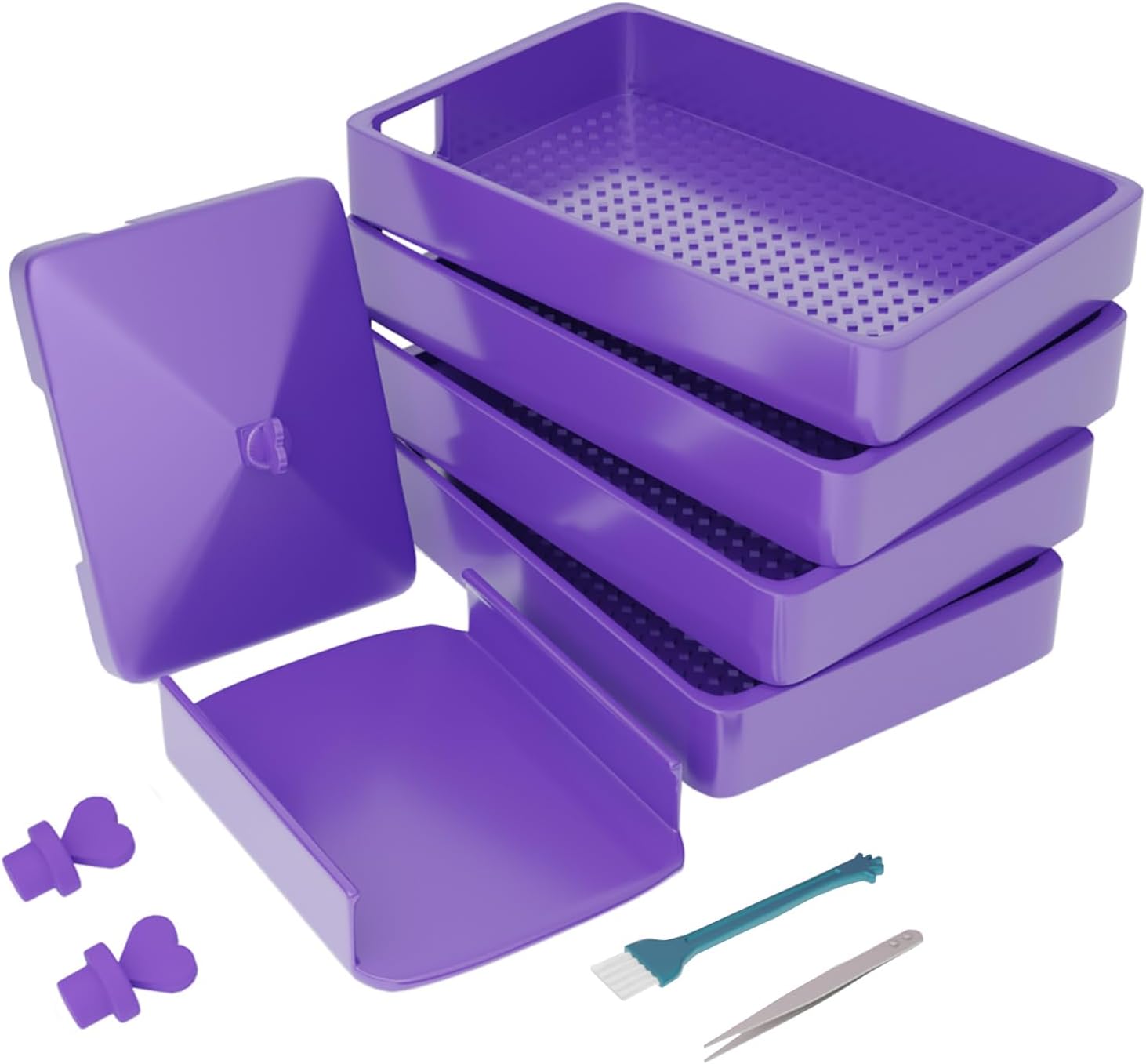 LIRUNQIU 4 Piece Dot Design Diamond Painting Trays Set | Purple stackable trays with funnel lids, tools for resin rhinestone art