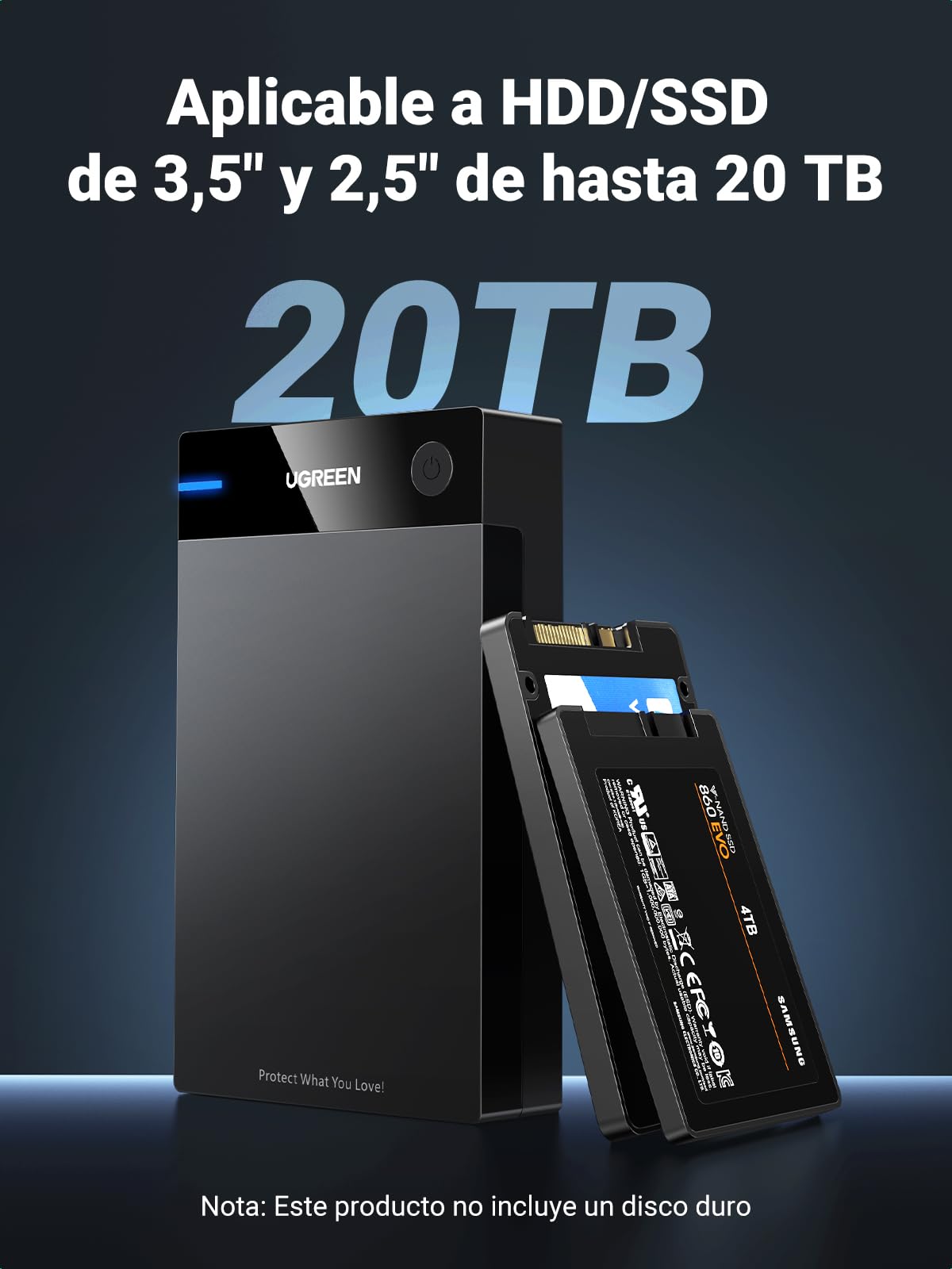 UGREEN Carcasa Disco Duro SATA SSD 3.5" 20TB, Caja SSD USB 3.0 con UASP Comaptible con PC, Xbox X/S, PS4, con Cable y Adaptador de Corriente 12V 2A