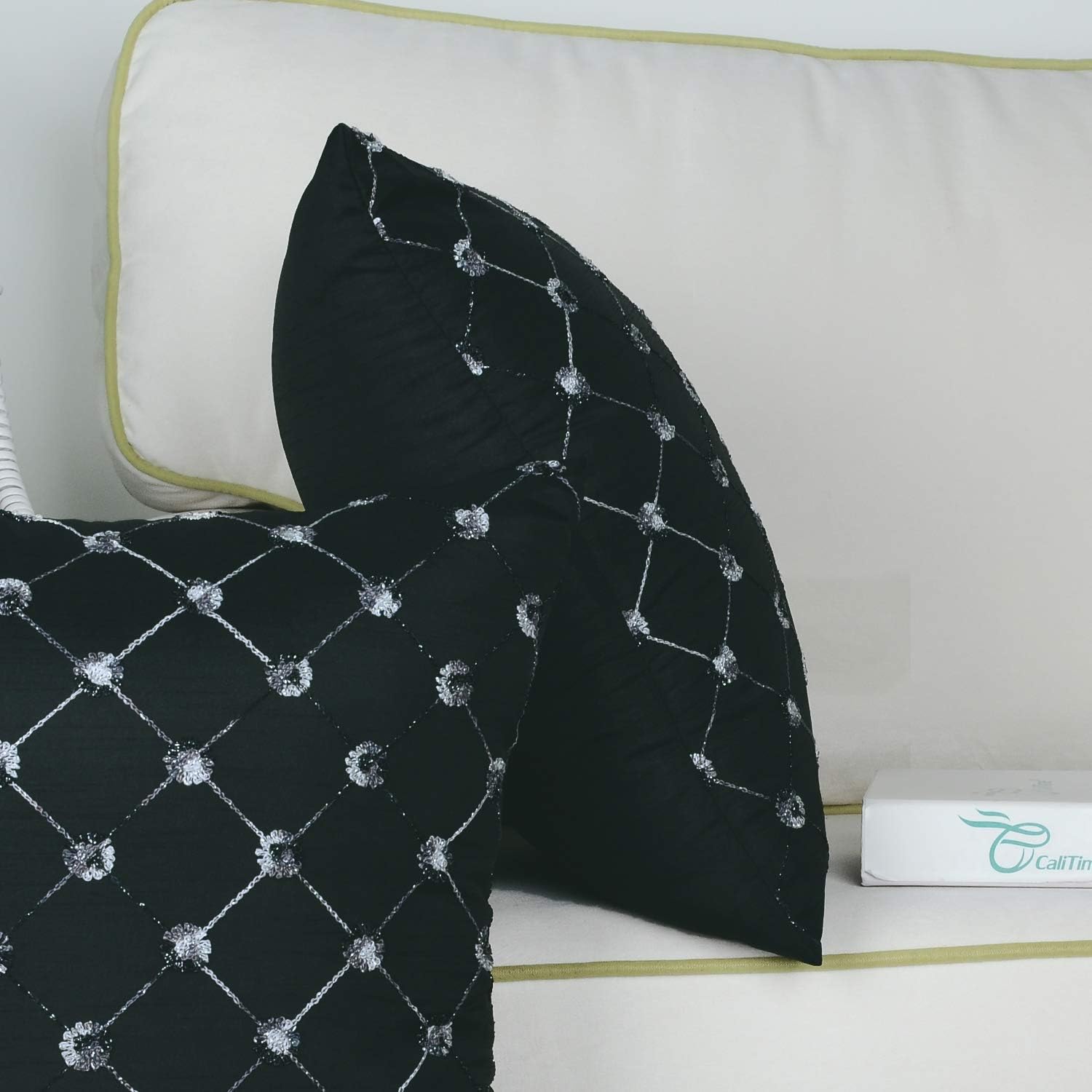 CaliTime Pack of 2 Cushion Covers Throw Pillow Cases Shells for Sofa Couch Home Decoration 18 X 18 Inches Modern Diamonds Shape Geometric Chain Embroidered Black