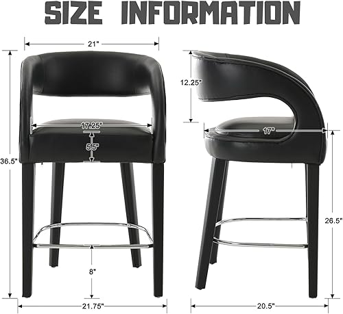 Miniatura 2 de Juego de 2 taburetes de cuero negro para mostrador de barril, sillas de bar de madera de 26 pulgadas con respaldo tapizado para isla de cocina