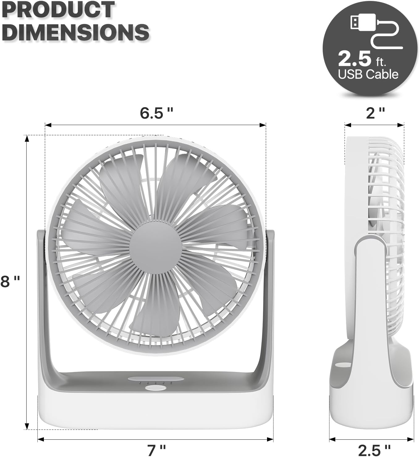 mollie 7'' Small USB Fan Rechargeable, Portable Desk Fan, 4000mah 4-Speed Quie Desktop Fan with Nightlight, for Home Office Bedroom Travel Outdoor Gifts for Women Men, White