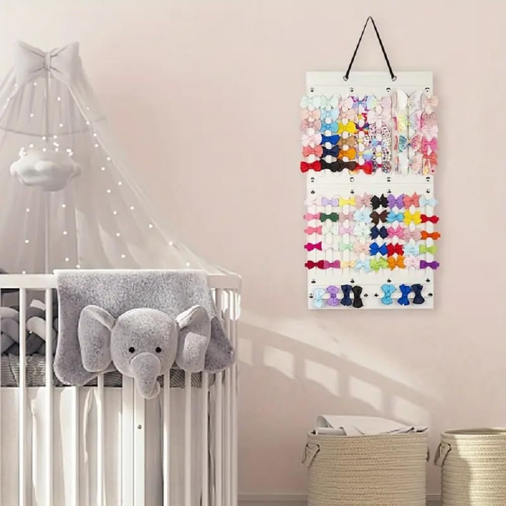 Hair Band Clip Bows Storage for Baby Girl Soft Felt Hanging Accessory Organizer Foldable Lightweight Large Capacity Display Rack Kids Room & Nursery Décor 1 Pc White Color (White)
