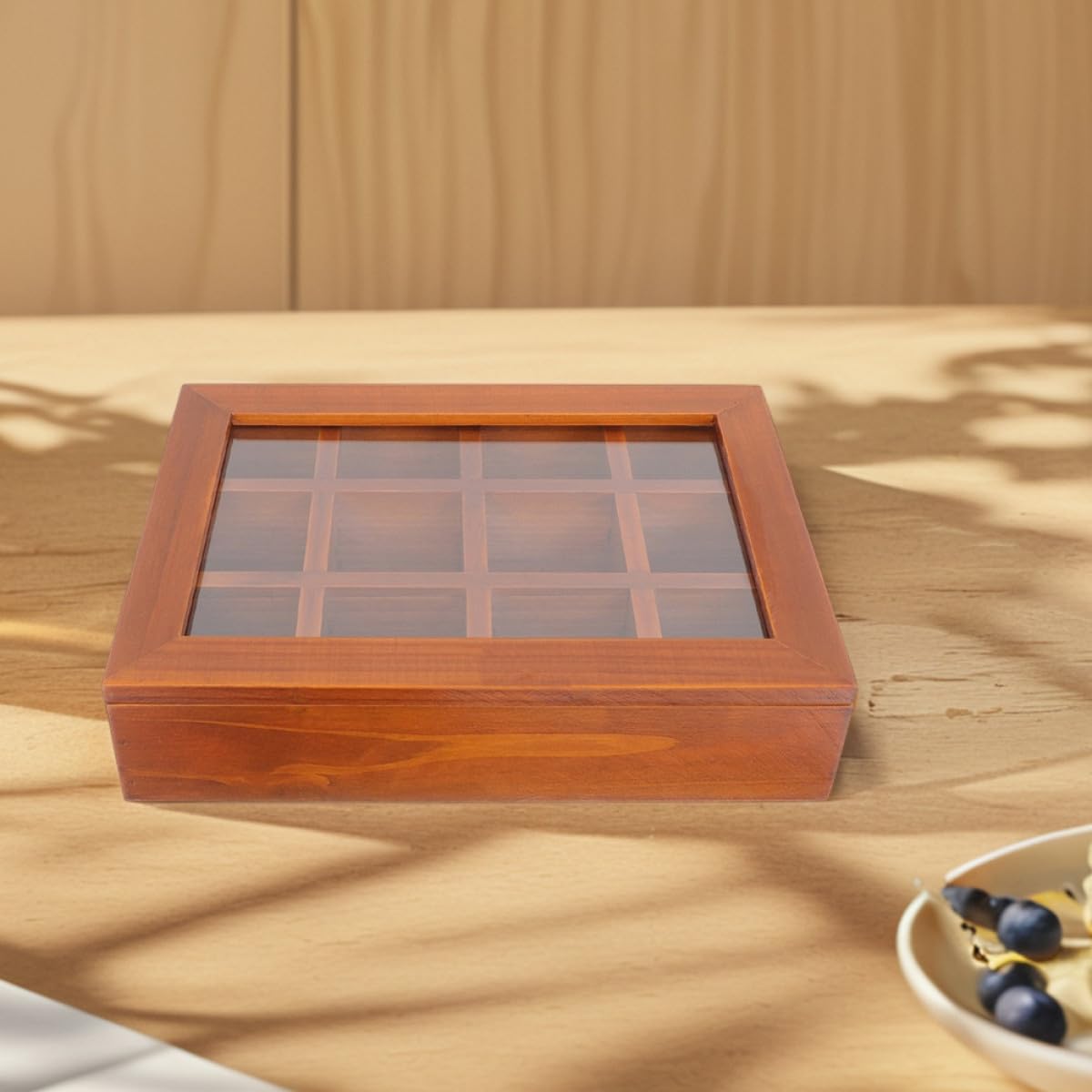 VANZACK Boîte à Sachets de Thé Compartimentée 12 Cases en Bois avec Couvercle Transparent, Organiseur Multifonction pour Sachets de Thé, Café Instantané et Sucre, Rangement Compact pour