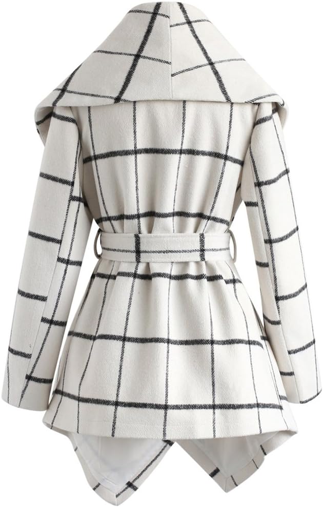 CHICWISH Women's Turn Down Shawl Collar Grid Off-White Asymmetric Hemline Wool Blend Coat, Size Large - Image 6