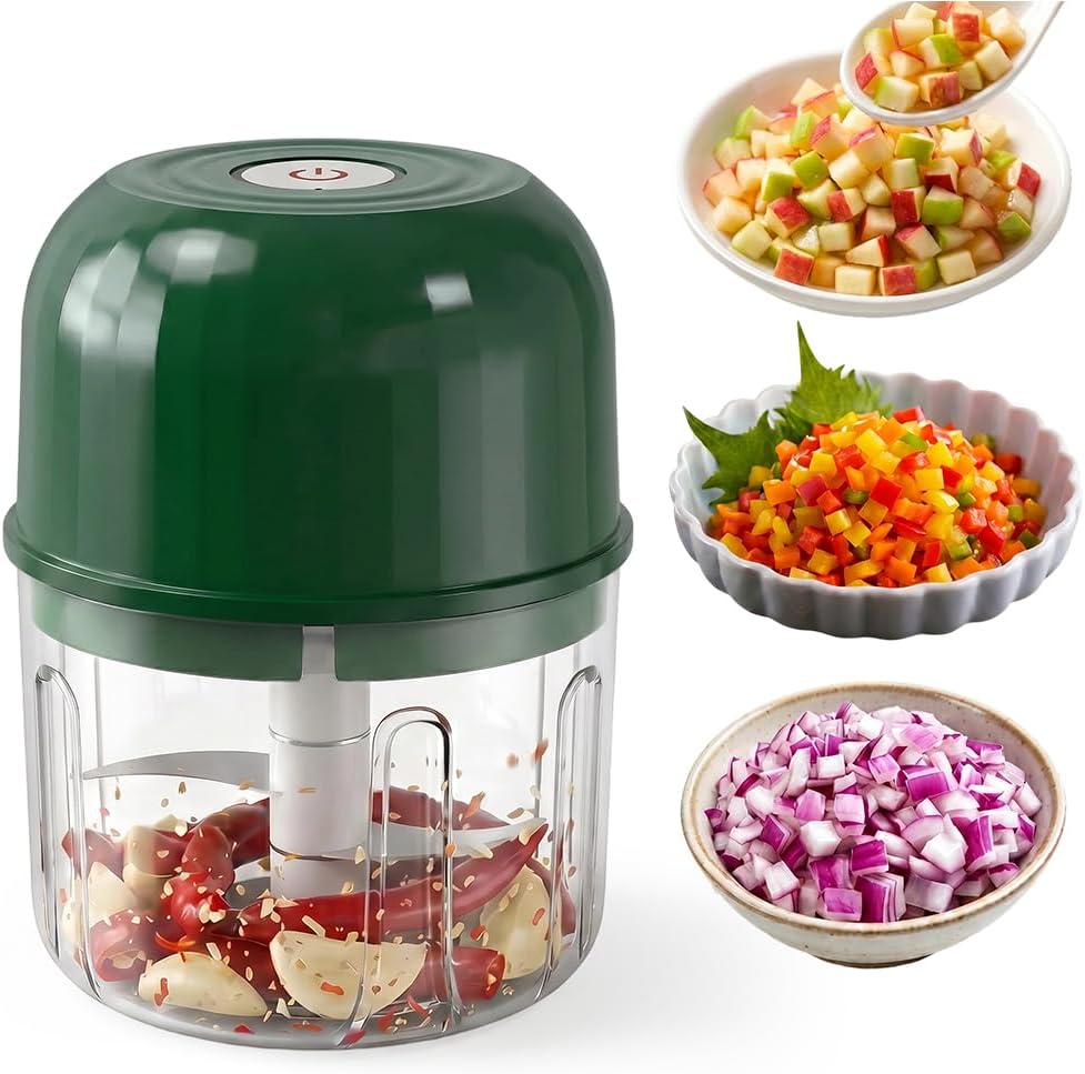Electric Garlic Chopper, Mini Wireless Rechargeable Veggie Chopper with Stainless Steel Blades, Portable Food Processor for Onion Ginger Chili Meat, 260ml Small Kitchen Gadget (Dark Green)