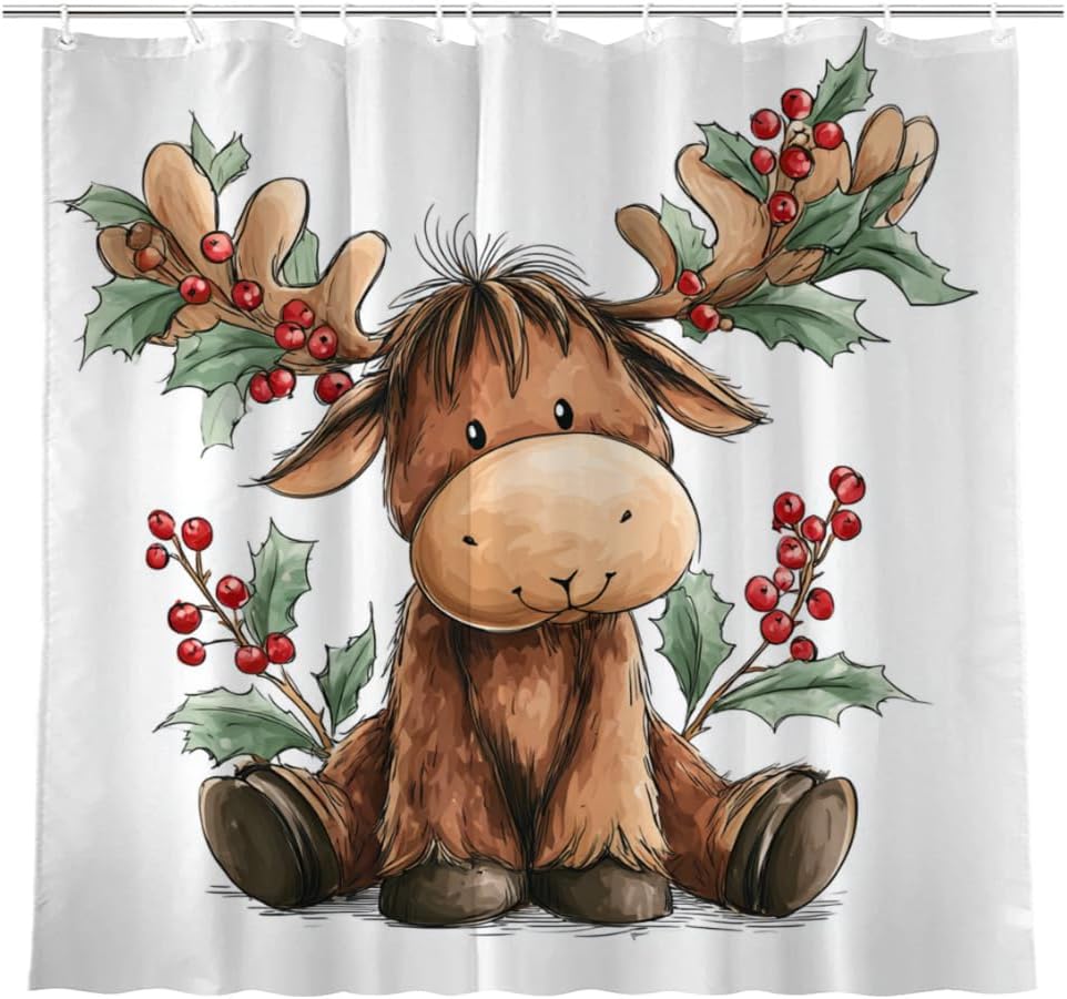 Moose Shower Curtain Christmas with Holly Leaves and Berries 72x72 Inch 12 Hooks Home Hotel Bathroom Decoration