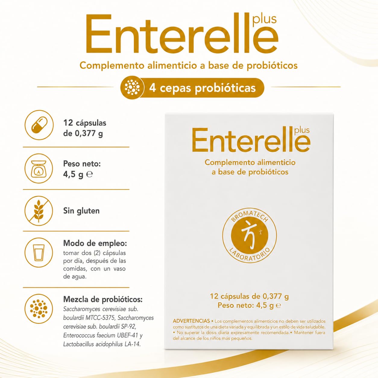 Bromatech Enterelle Plus 12 Cápsulas - Limpieza de la Flora Intestinal con Saccharomyces Boulardii - Alivio Rápido de Diarrea, Gases y Disbiosis tras Antibióticos