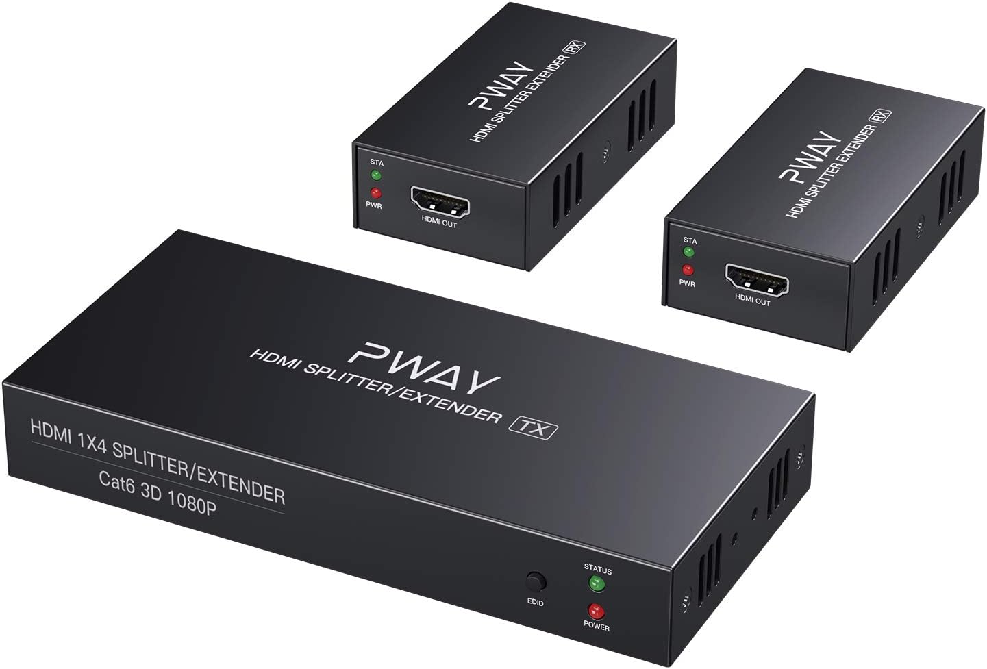 PW-HTS0102(POC) 1080p 3D 1x2 2 Port HDMI Extender Splitter 164Ft/50m Over CAT5e/CAT6/CAT7 with 2X HDMI Loop Out EDID One Power Supply (1 in 2 Out)