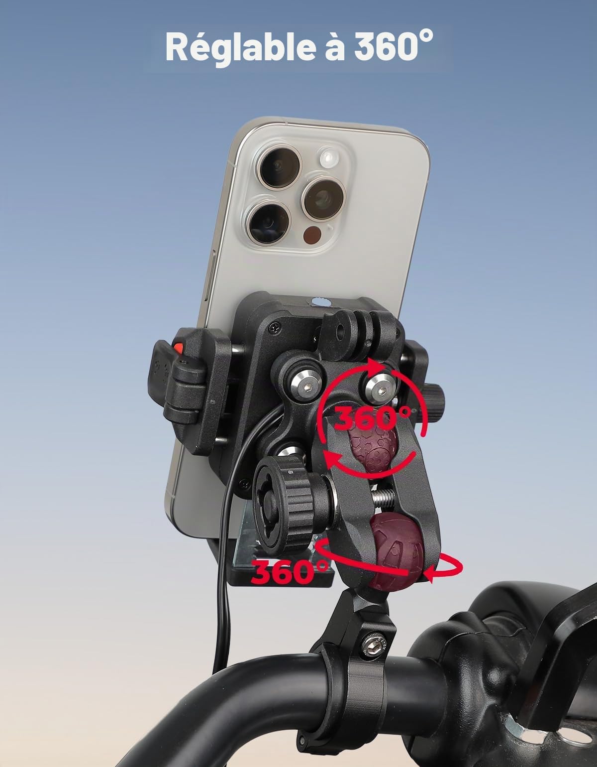 KEMIMOTO Support Telephone Moto avec Charge sans Fil 15W et Charge Rapide 33W PD/USB-C, Support Téléphone Moto Antivol et Antichoc, Rotation à 360°, Compatible avec Smartphones de 5,4"-7,2"
