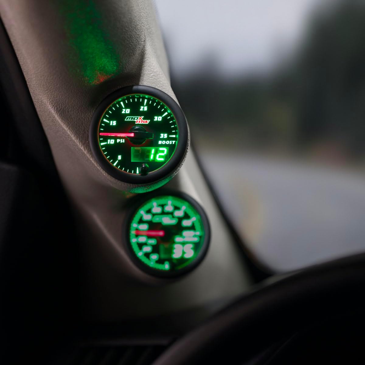 MaxTow Double Vision 35 PSI Turbo Boost Gauge Kit - Includes Electronic Pressure Sensor - Black Gauge Face - Green LED Illuminated Dial - Analog & Digital Readouts - for Trucks - 2-1/16" 52mm