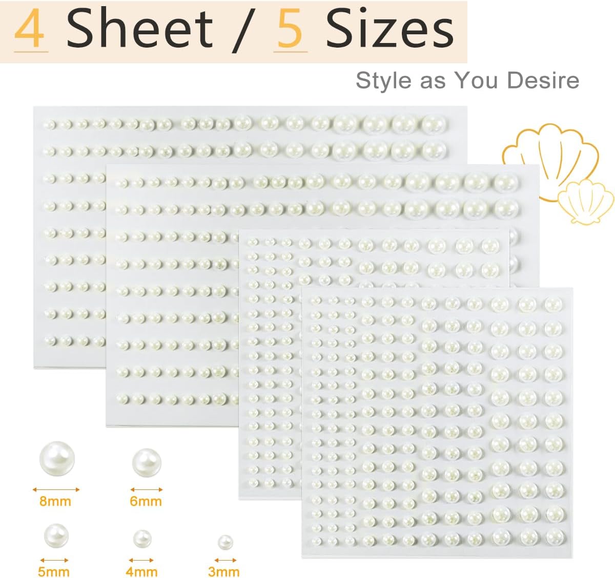 qiipii 4 Sheets Beige White Flatback Pearls Stickers Self Adhensive Ivory White Half Pearls Stick On Jewels 3/4/5/6/8mm Multi Sizes Gems Stick on Charms for Nails Face Eyes Hair Makeup Clothing Crafts image 2