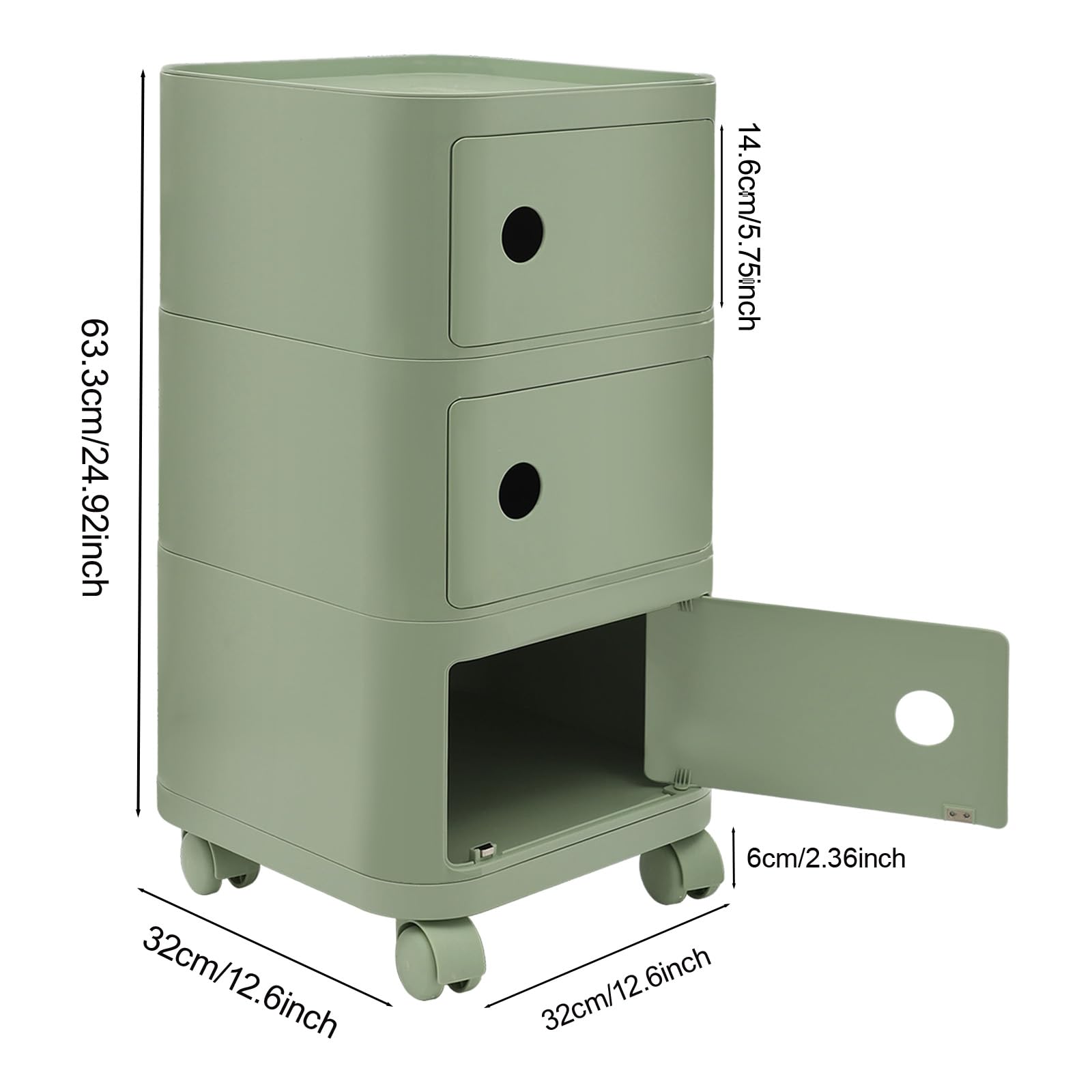 Caisson de rangement à roulettes, Caisson de rangement avec 3 tiroirs, Classeur sous le bureau, Classeur à roulettes pour le bureau et la maison (Vert Matcha)