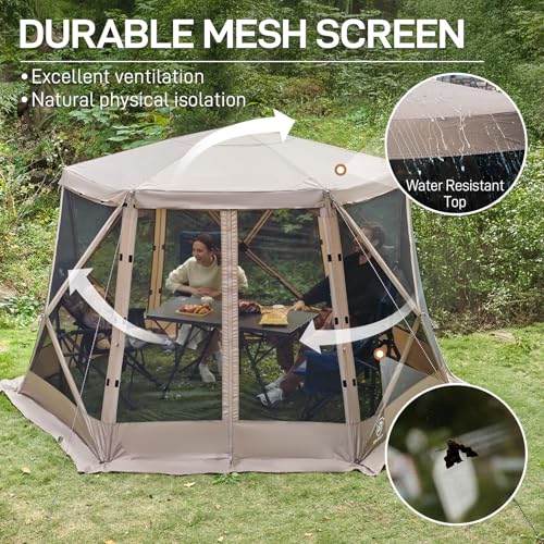 Image of EVER ADVANCED Pop up Screen House Tent for Camping 11.5 x 9.8 ft, Instant Screened Gazebo Canopy with Netting, Portable Shelter Enclosure for Outdoor, Backyard, Khaki