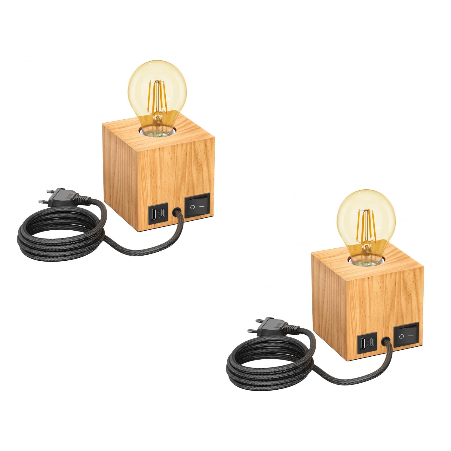 ledscom.de 2x Tischlampe HITO, Holz massiv, eckig, USB, inkl. E27 Lampe gold, 471lm, extra-warmweiß