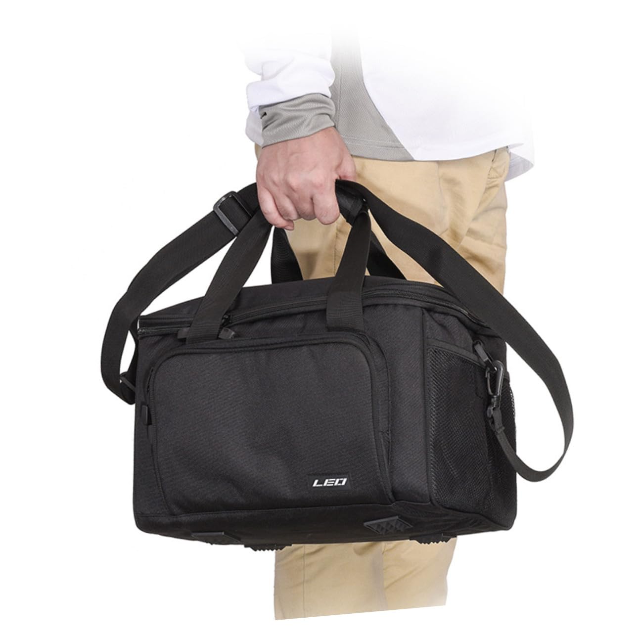 Abaodam Paquet de Pêche en Tissu Oxford Noir Bandoulière Rembourrée Détachable et Double Fermeture Magnétique pour Rangement Multi-Poches en Plein Air