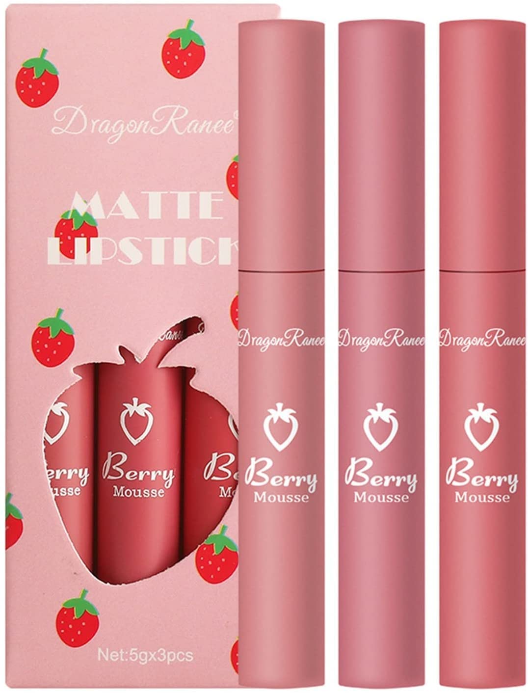 Beautishop 3Pcs Strawberry Set Matte Liquid Lipstick Makeup Set, Long Lasting Lip Gloss Non-Stick Cup is Not Easy to Fade, Waterproof Matte Lip Glaze Lipstick Set Box Girls Women Make Up Gift Set (C)