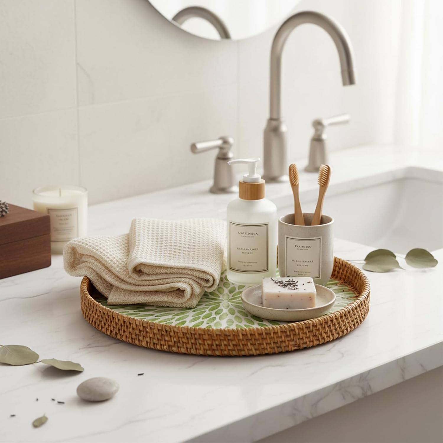 16 inch Round Rattan Tray with Mother of Pearl Inlay Wicker Serving Tray with Wooden Base Boho Decorative Wicker Basket for Table Decor Bathroom Candle Perfume (Green Leaf) - Image 3