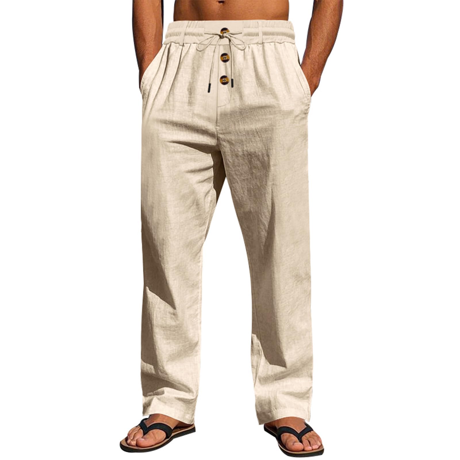 Generisch Gerade Bein Sommerhose Herren Lang Leinen Baumwoll Mix Kordelzug mit Taschen Bequeme und atmungsaktive Freizeit Hose