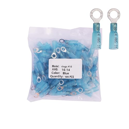 100pcs #10 Blue Heat Shrink Ring Connector,AWG 16-14 Gauge Tinned