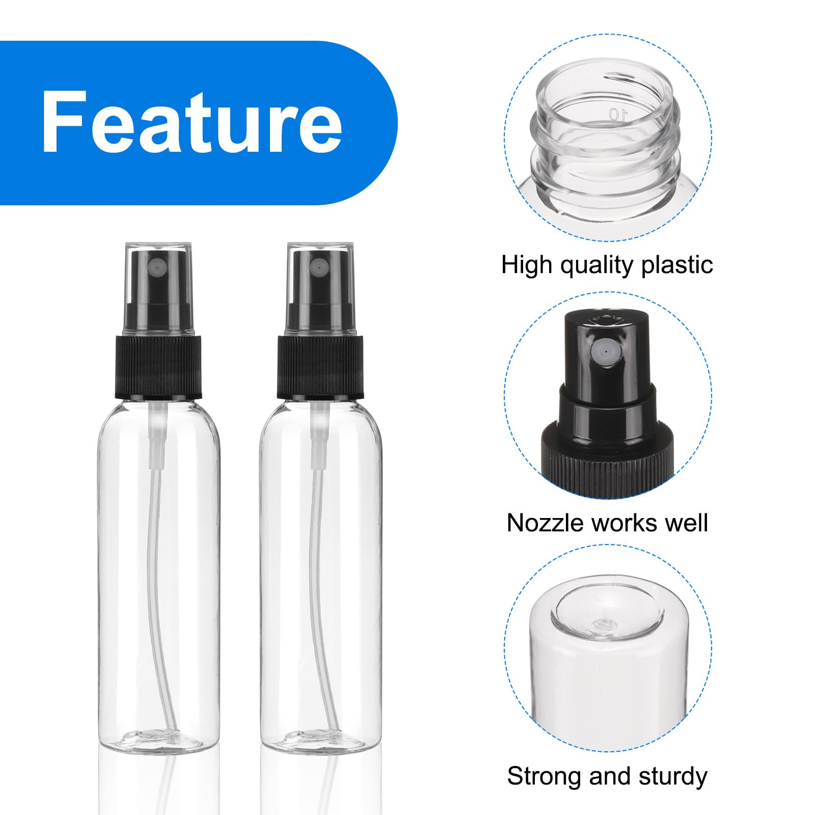 QUARKZMAN 100 sztuk butelek z rozpylaczem, 60 ml, przezroczyste, puste, plastikowe, plastikowe, miniaturowe butelki podróżne, zestaw małych pojemników na płyny, do użytku domowego (przezroczyste